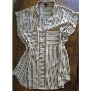 Express Striped Zip-Front Blouse – Cream & Charcoal Vertical Stripe (Size XL)